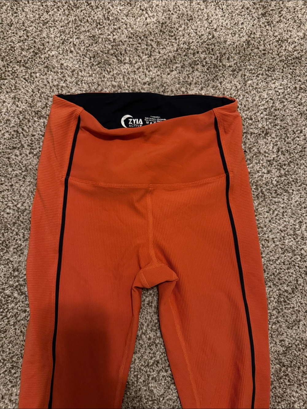 ZYIA Active High-Waist Orange Ribbed Leggings with Black Piping